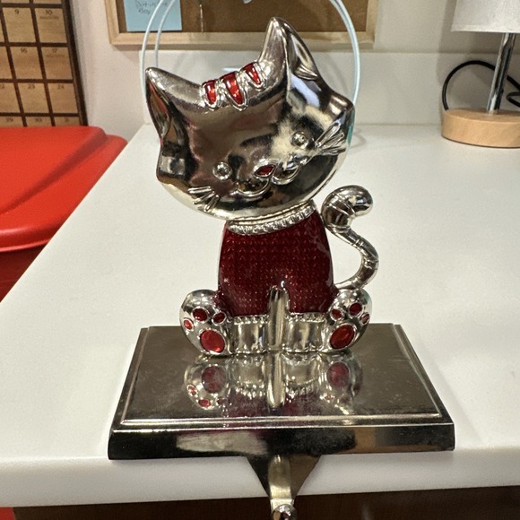 Christmas‎ Stocking Holder Cat Polished Silver Color w RED-RARE USED No Box 6" - Picture 1 of 6